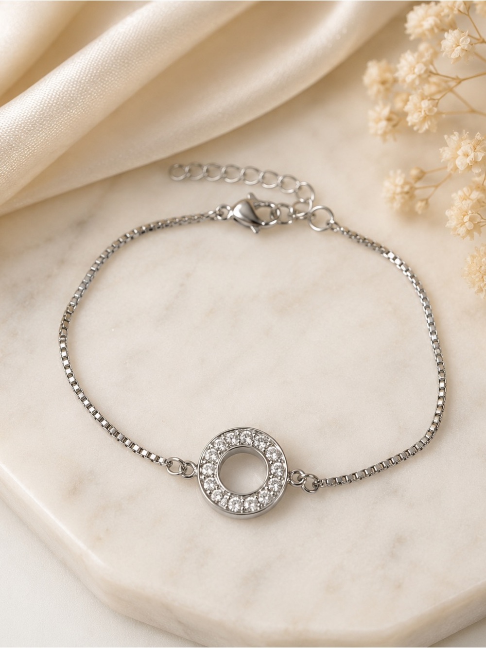 Stainless Steel Crystal Circle Charm Bracelet - Women Jewelry
